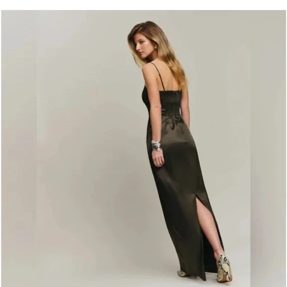 Reformation Frankie Silk Dress in Olive Green - Picture 3 of 4